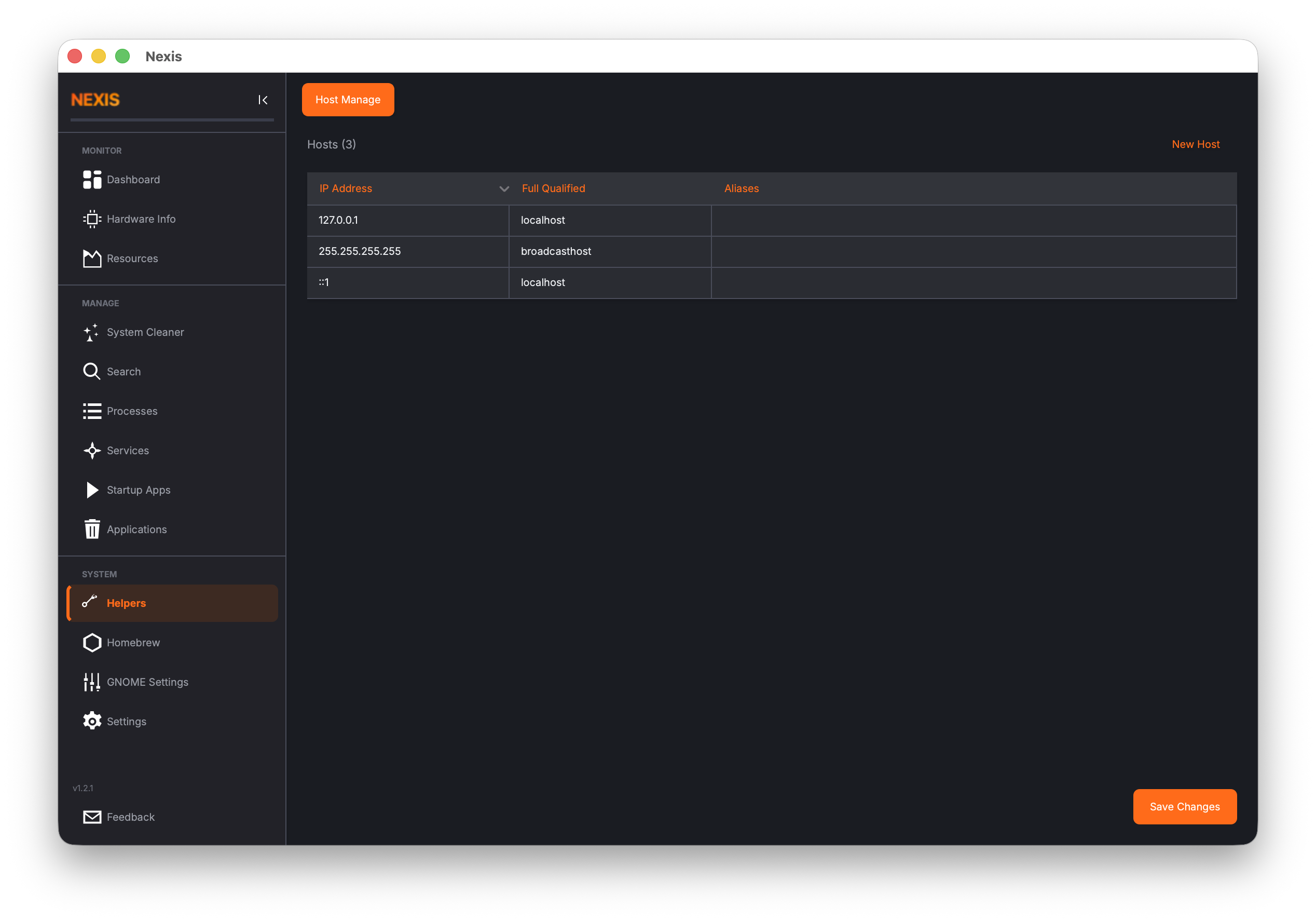 Helpers page with Hosts File Manager