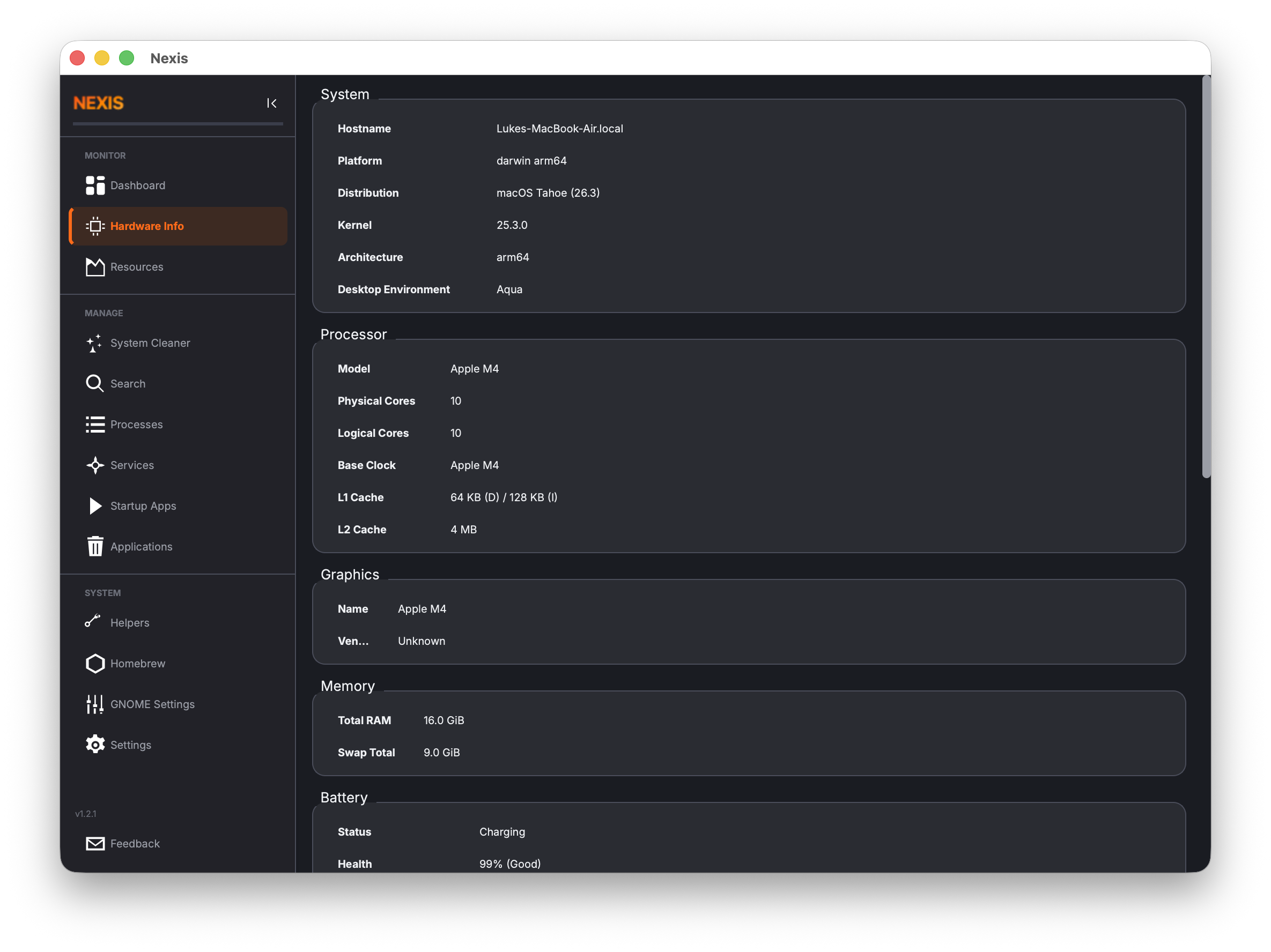 Hardware information page showing system specs