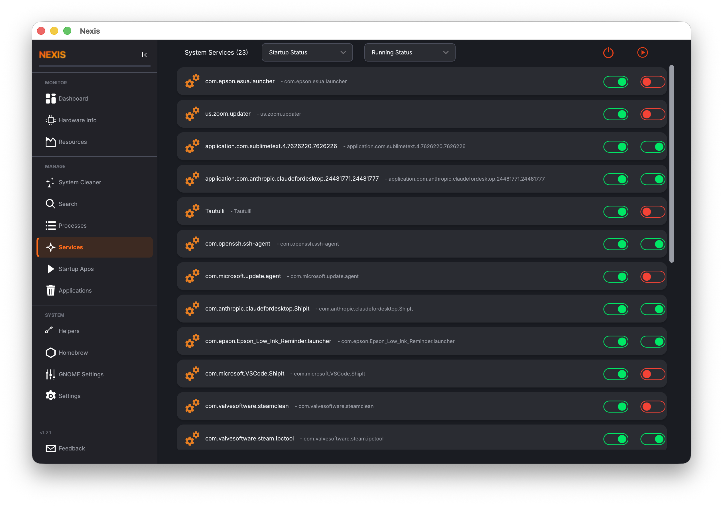 Service manager showing system services